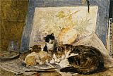 Kittens Canvas Paintings - A Cat and her Kittens in the Artists Studio